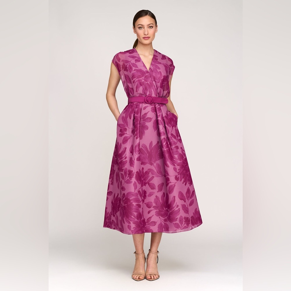 Kay Unger Fuchsia Floral Midi Dress with Belt